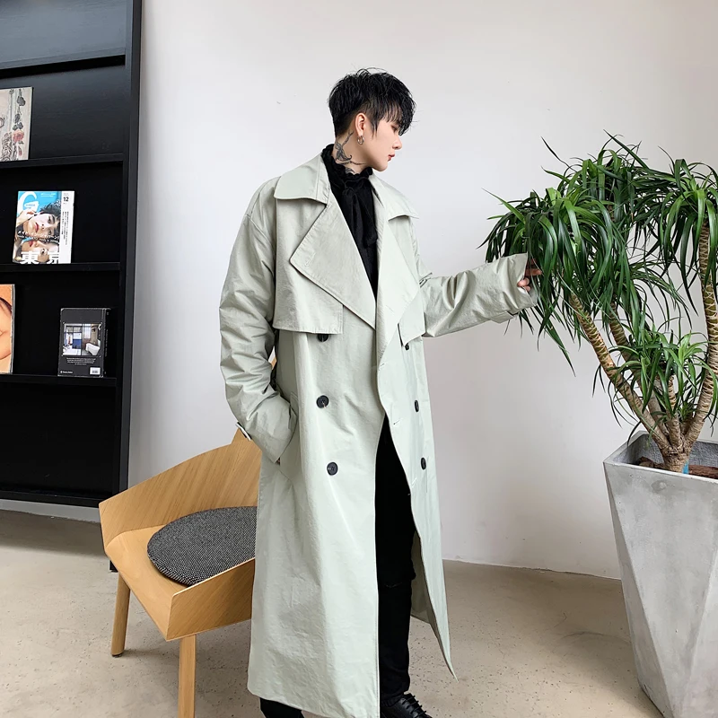 Men Overcoat Jacket Vintage Double Breasted Loose Casual Long Belt Trench Coat Male Streetwear Windbreaker