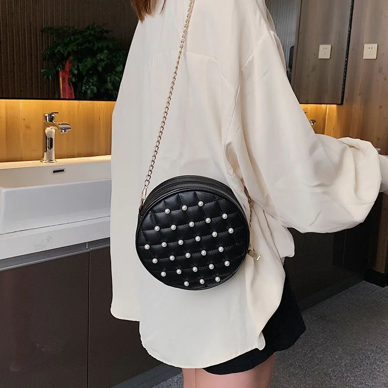 

2019 New Style Korean-style Pu Solid Color Versatile Spiraea Pearl Trend Small round Bag Shoulder Bag Over-the-shoulder Bag WOME