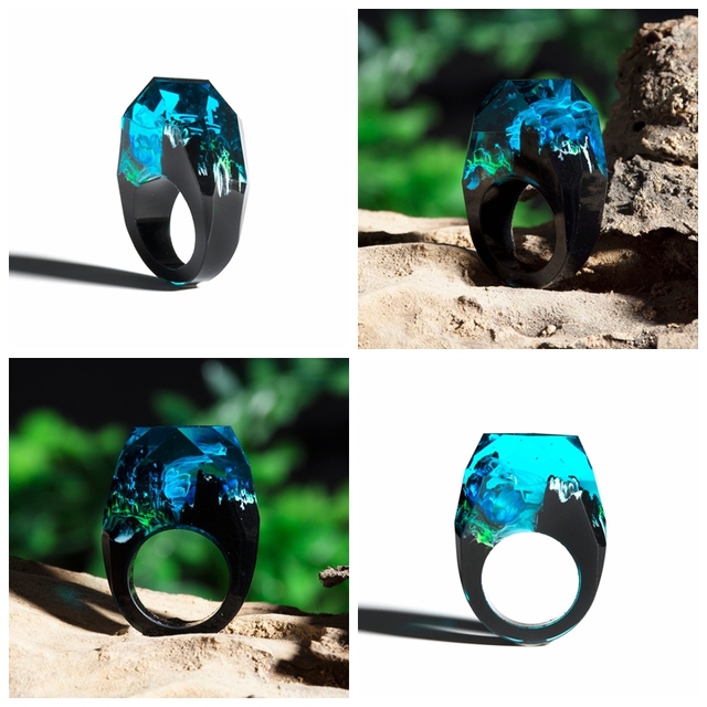 Fashion Wood Resin Ring Female Forest Handmade Rainbow Star Secret Sky Micro Landscape Wooden Ring High Quality Jewelry