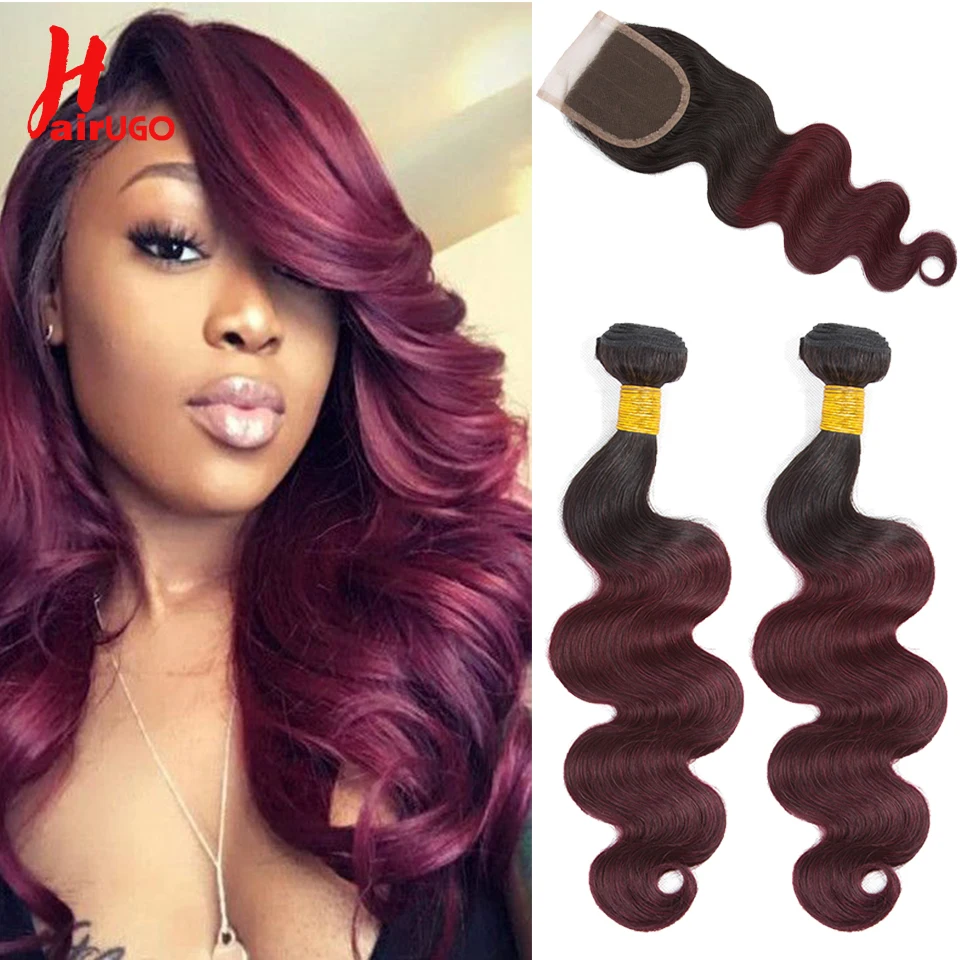 Бразильские волнистые волосы HairUGo пряди с закрытием Ombre 1B/99J бордовые