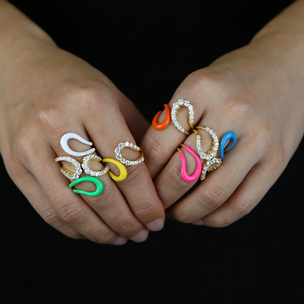 Open adjusted full finger ring for women gold color 5A cubic zirconia Neon enamel band rings