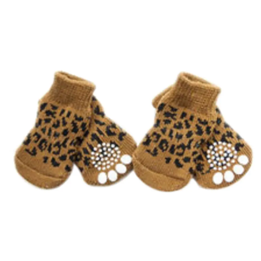 Leopard 4 шт. мягкие Нескользящие эластичные теплые дышащие Нескользящие Зимние удобные домашние носки с принтом собаки украшения - Цвет: Leopard