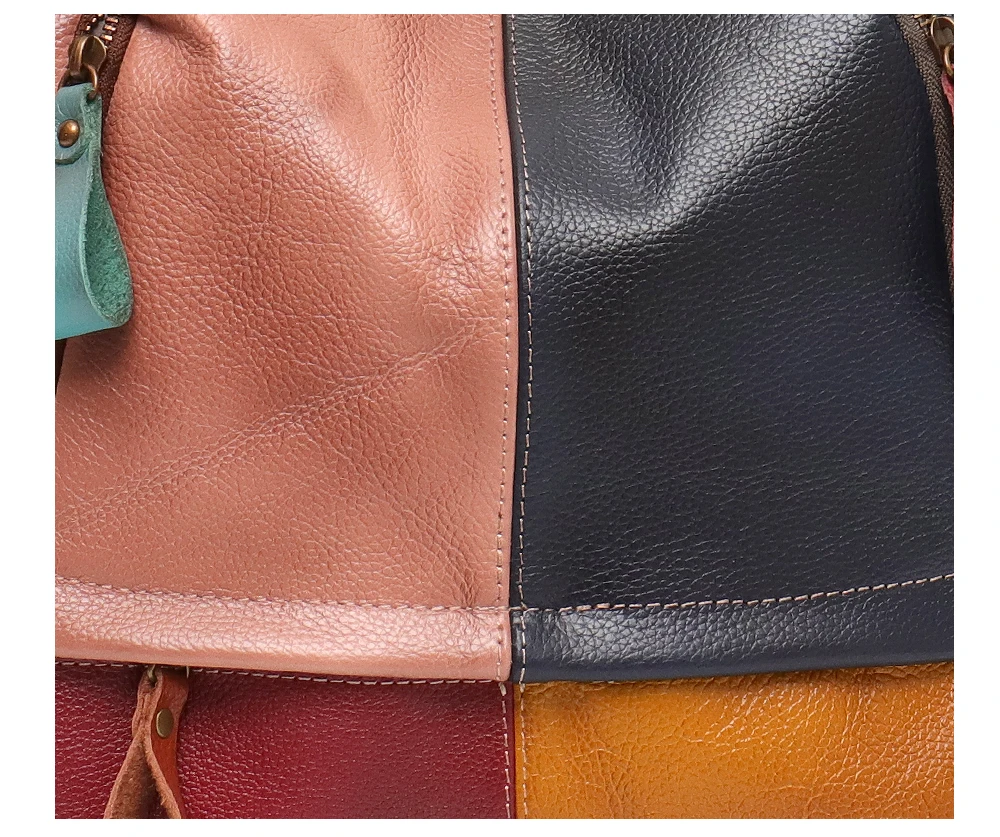 SC Vintage Patchwork Real Leather Women Backpacks Travel Shoulder Bags School Pack Retro Color Plaid Functional Pockets Knapsack elegant backpack
