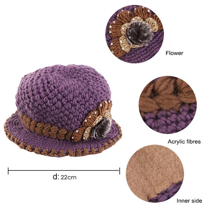 Ladies Beanie Hat Women Autumn Winter Crochet Knitted Flowers Decorated Ear Warm Hats Casual Soft Ski Bonnet Female Wool Cap