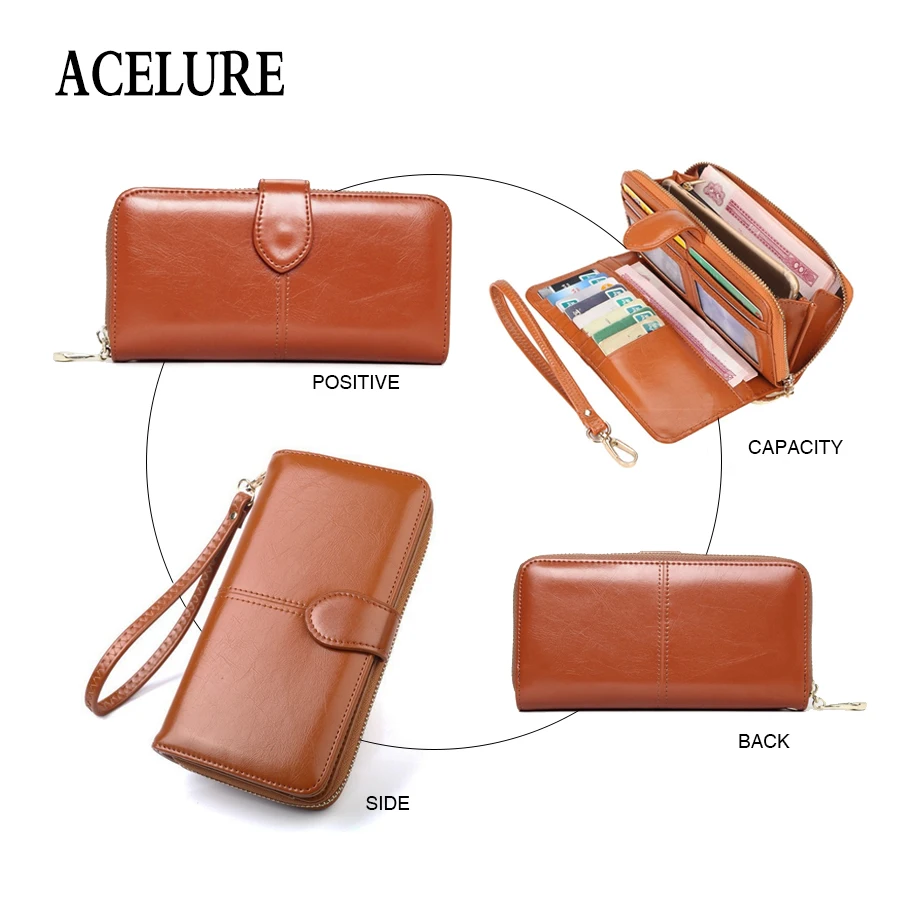 ACELURE Solid Color Women Long Wallets Simple Style Zipper& Hasp Purse With Card Holder Oil Wax Pu Leather Ladies Daily Wallet