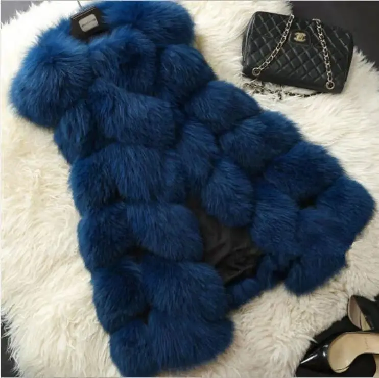 Navy Blue S-3XL женский Высококачественный меховой жилет шуба из искусственного лисьего меха модное меховое пальто теплое длинное осеннее зимнее искусственное Меховая куртка верхняя одежда - Цвет: Navy Blue