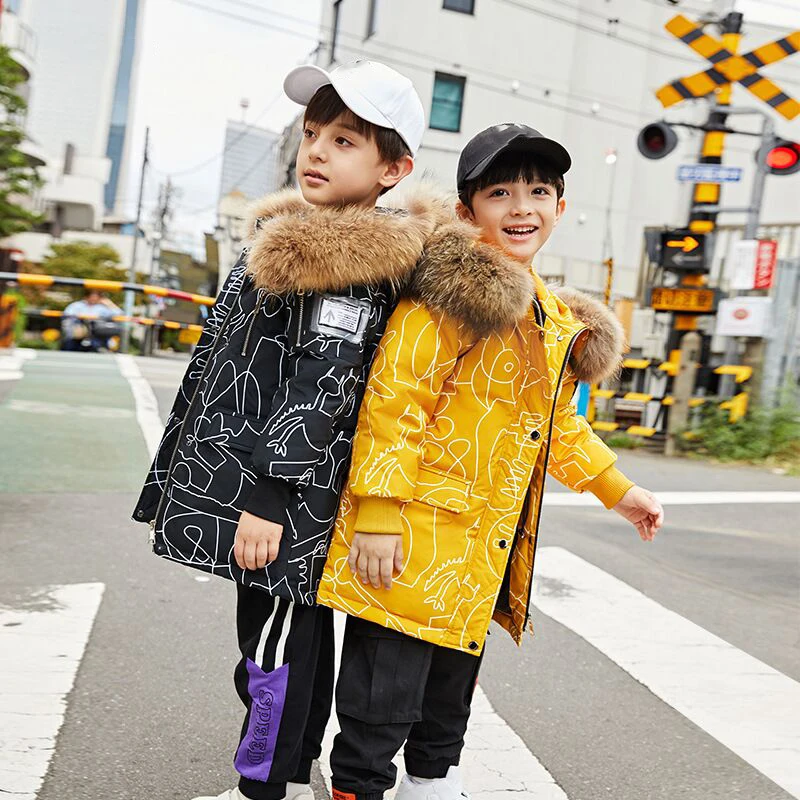 New Winter Kids Boys Down Coat With Fur Collar Graffiti Kids Girls White Duck Down Jackets Thicken Children Outerwear Coat