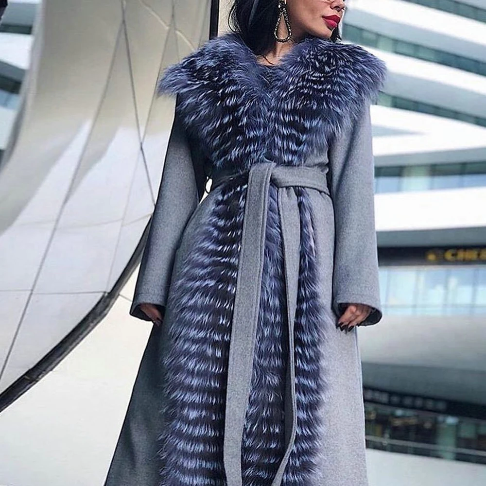 Natural Wool Blends Women Long Coats with Silver Fox Fur Collar Autumn and Winter Fashion Real Fox Fur Cashmere Coat Outwear women natural fur coat winter fashion 60cm long real fox fur jackets whole skin genuine leather fox fur coats with hood outwear