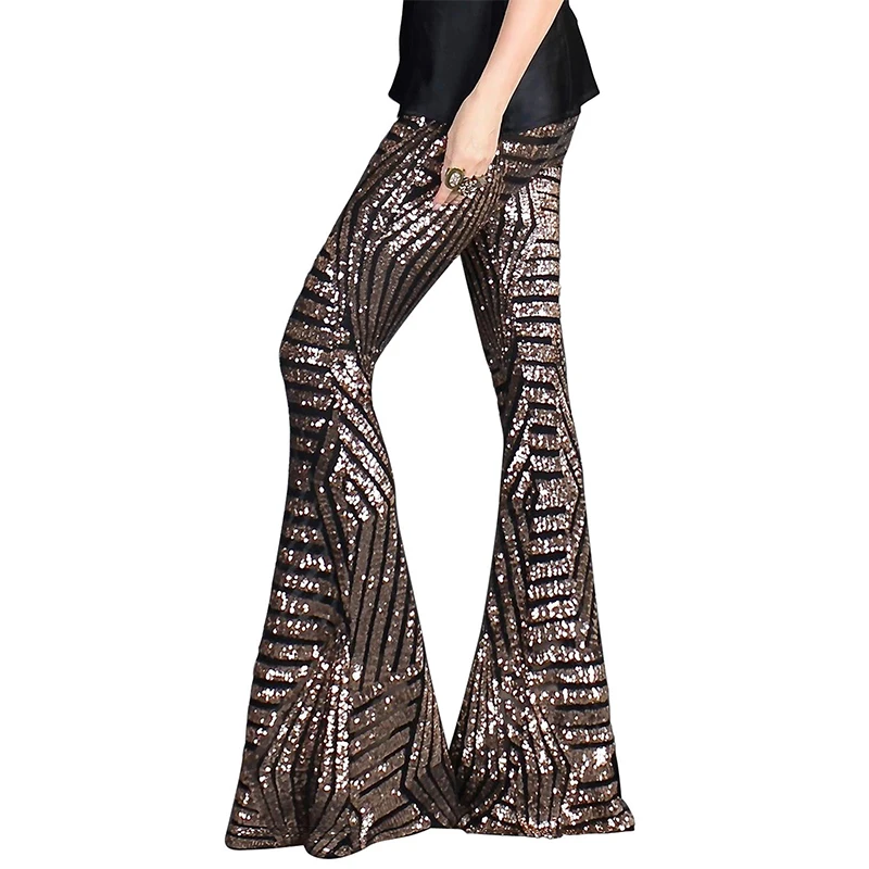 SEBOWEL блестящие длинные расклешенные брюки с блестками женские черные брюки с пайетками эластичные брюки с высокой талией женские брюки для танцев