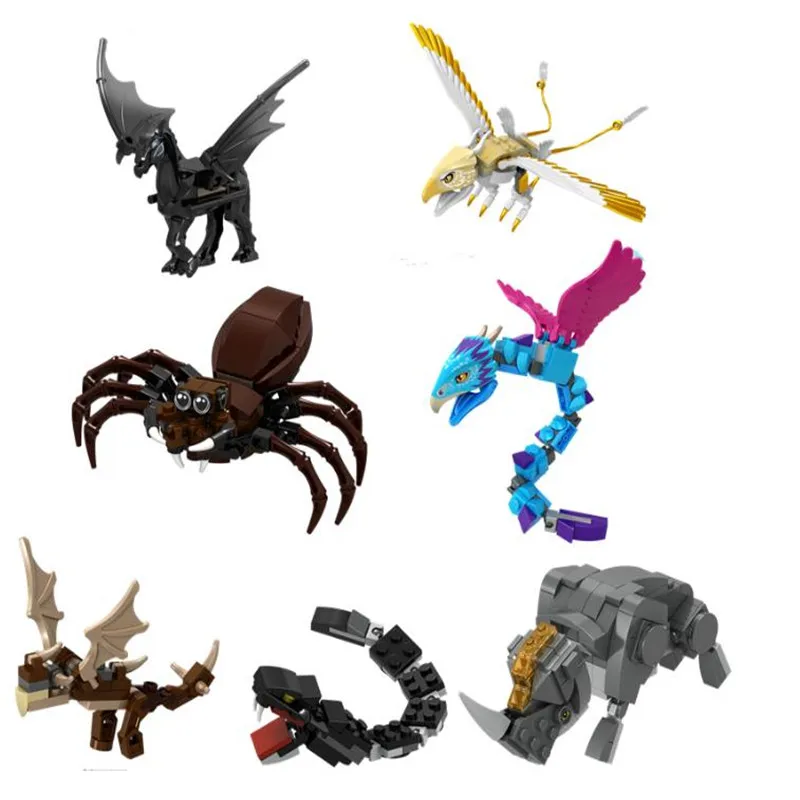 Blocos de Construção de Brinquedos de Presente para as Crianças Mágico Aranha Rinoceronte Newt Jacob Tina Hagrid Pet Animais Faça Você Mesmo Tijolos 7 Pçs - Set 1 7 Pçs set Mágico Aranha Rinoceronte Newt