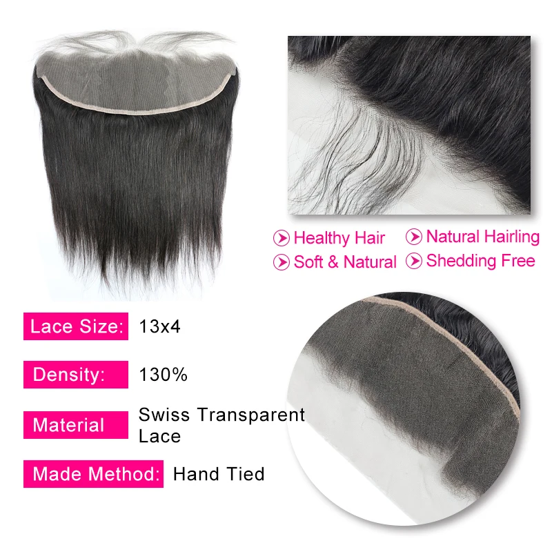 HD Transparent Lace Frontal 13x4 Lace Frontal Brazilian Straight Virgin Hair Extensions with Baby Hair Bleached Knots 10-20 inch
