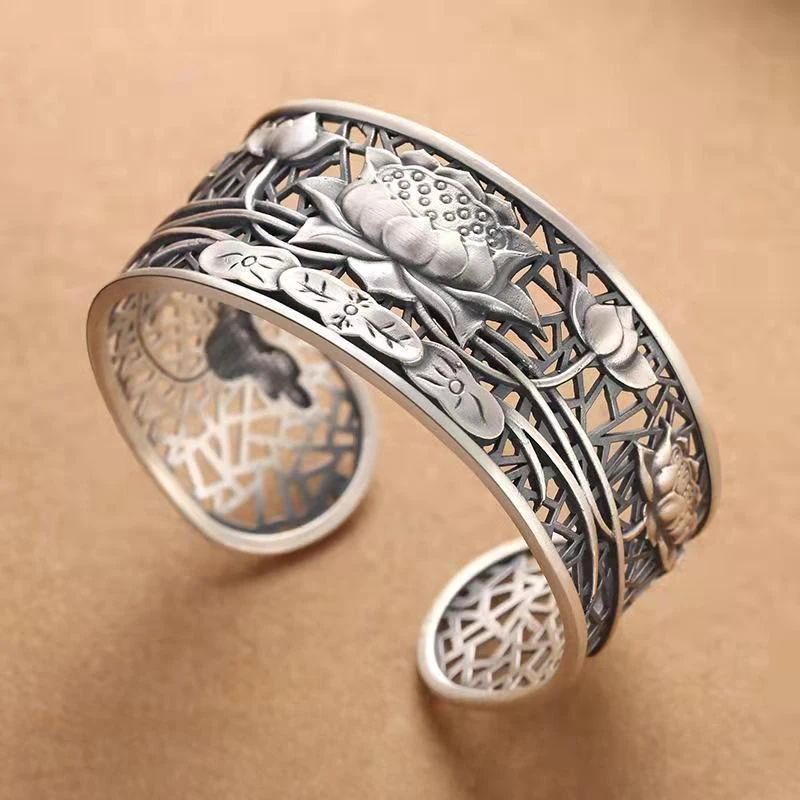 New Retro Bracelet Ethnic Style Old Super Wide Hollow Lotus For Mother And Girlfriend Jewelry Accessories | Украшения и