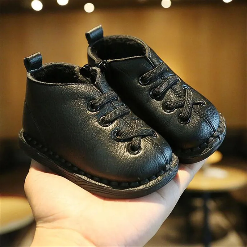 black Weoneit/зимняя детская обувь на плоской подошве для маленьких мальчиков и девочек; От 0 до 3 лет из искусственной кожи; детская обувь на плоской подошве; цвет черный, коричневый, красный; CN 15-25 - Цвет: black