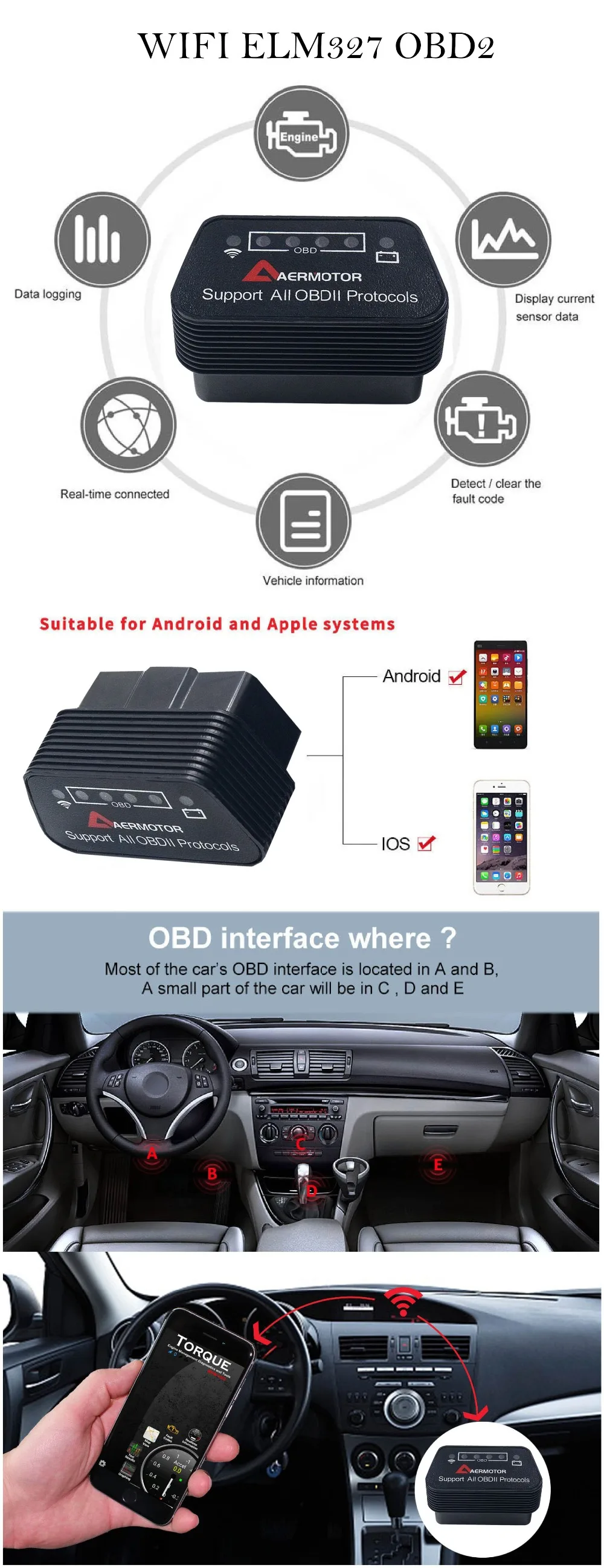 Помощи при парковке, Wi-Fi, ELM327 OBD2 сканер диагностический инструмент для IOS, Android и Windows, Wi-Fi, ELM 327 читатель Кода OBDII развертки OBD 16pin Порты и разъёмы