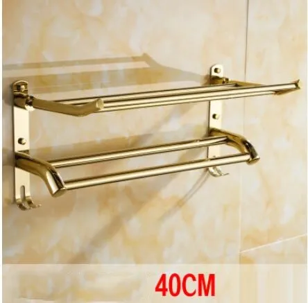 40cm Вешалки для полотенец для ванной из нержавеющей стали, золотистая отделка, складные полки для полотенец, полотенце, бар, оборудование для ванной, двухслойный с крючками - Цвет: 40cm