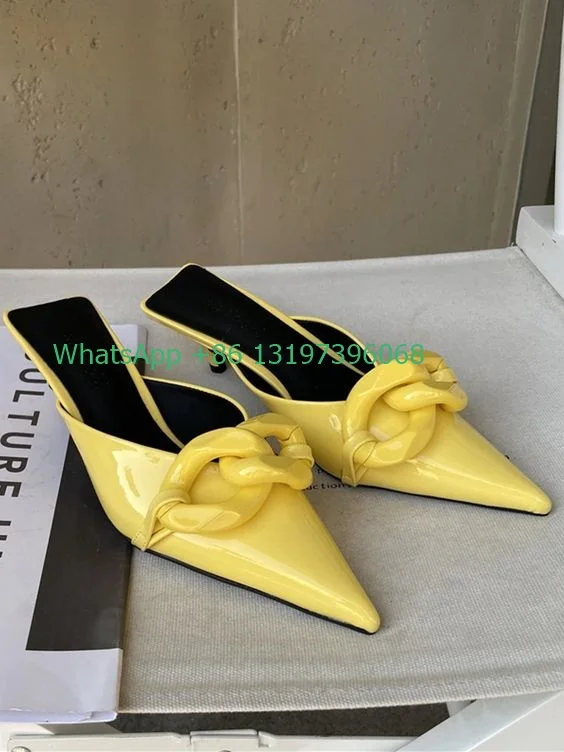 

Ladies Candy Pointed Toe Slides in Yellow Blue Purple White Muller kitten heel Outdoor High Heel Slippers Large Footwear 3532