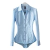 Office Blouse Solid Body Shirt Turn-down Collar V Neck Long Sleeve Blouse Buttons Up Women Tops and Blouses Light blue White 1