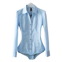 Office Blouse Solid Body Shirt Turn-down Collar V Neck Long Sleeve Blouse Buttons Up Women Tops and Blouses Light blue White 1