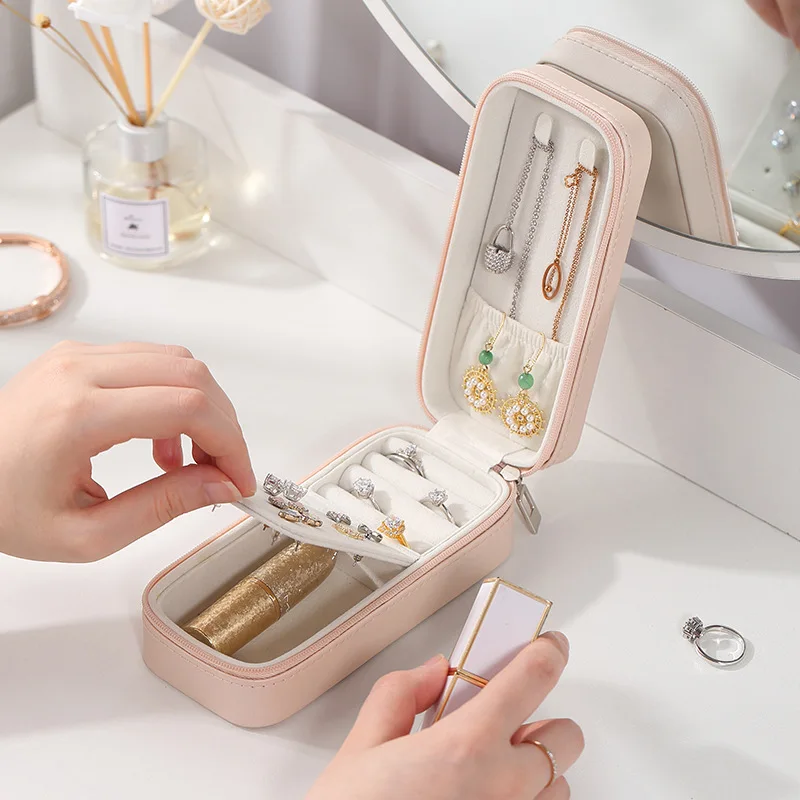 

Portable Jewelry Storage Box Waterproof Earrings Necklace Lipstick Organizer Two-Tier Container Traveling Supplies Accessories