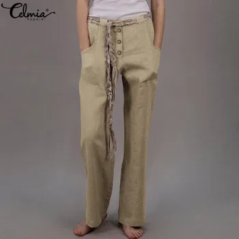 

Women High Waist Harem Pants Celmia 2020 Fashion Women Buttons Elastic Waist Casual Trousers Loose Vintage Cotton Pantalon Femme