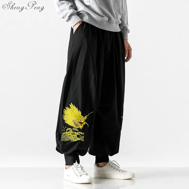 Китайский стиль, брюки, Восточная Мужская одежда, традиционная вышивка, шорты, традиционные китайские штаны для мужчин, кунг-фу, брюки V1779