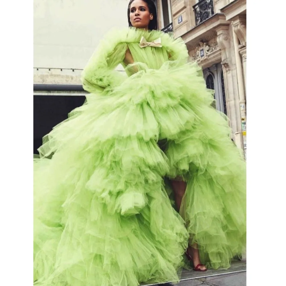

robe de soiree Arabic Evening Dress Long Modest Formal Dresses Dubai Tiered Tulle Hi Low Evening Gowns Elegant Long Sleeves