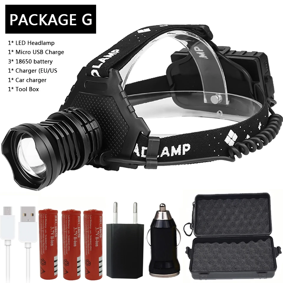 Package G Xhp90 2064 светодиодный налобный фонарь самый мощный 32 Вт xhp70 xhp50 налобный фонарь zoom power bank 7800 мАч 18650 аккумулятор Z90 - Испускаемый цвет: Package G