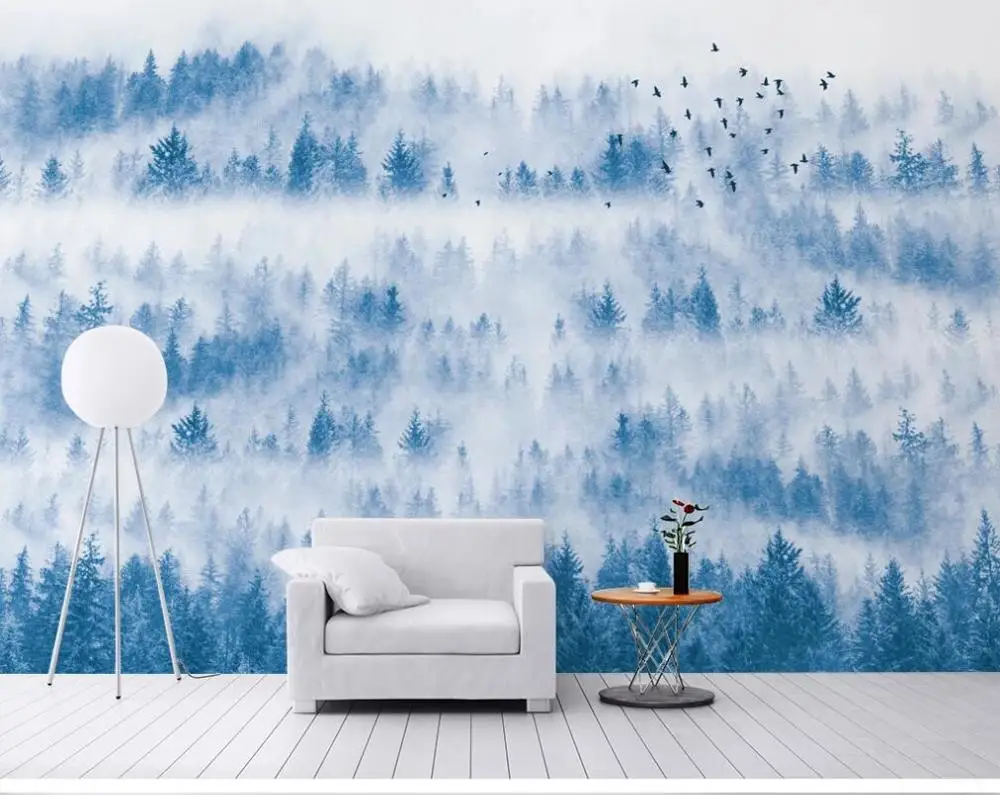 Customized photo mural wallpaper 3d new Chinese cloud and mist pine forest mist pine zen bird bedroom TV sofa background wall cloud rabbit solid wood cat nest scratching pole cat bed cat climbing frame hemp rope pine