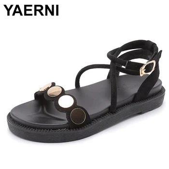 

YAERNI Ankle Wrap Sandals Summer 2020 Big Size 42 43 Women Metal Bib Shoes Decoration Platform Sandals Women Vacation Beach Shoe