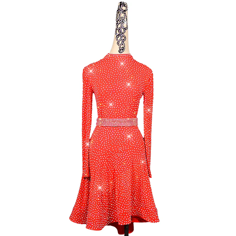 

Long Sleeve Latin Dance Dress For Ladies Rhinestones Women Ballroom Dance Dress Adults Dance Performance Costume Stretch Fabrics
