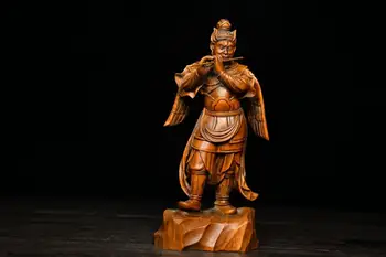 

7" China Lucky Seikos Boxwood Lei Zhenzi statue Wind and thunder double wings holding golden stick wood carving