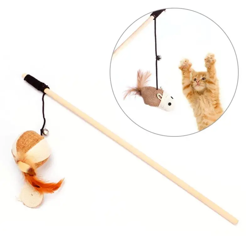 New Pet Cat Toys Funny Wooden Stick Dangle Mouse Ball With Feather Bell Interactive Cat Games Elastic Rope Toys 1 Pcs