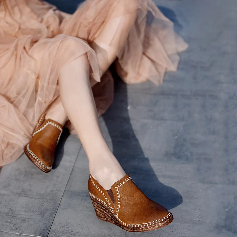 

Artmu Original 2019 Autumn New Retro Thick Bottom Wedge Heels Women Shoes Genuine Leather High Heels Hemp Handmade Shoes 623-5