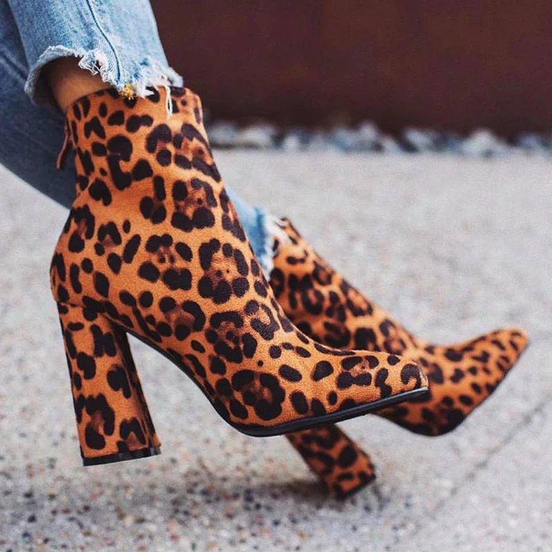 

2019 Plus Size 42 Women Ankle Boots 11.5cm High Heels Suede Stripper Autumn Leopard Boots Cowgirl Block Heels Chunky Short Shoes