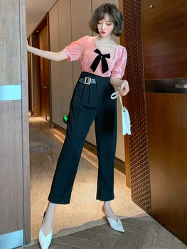 

Fashionable bow tie square collar retro velvet small shirt + high waist belt buckle casual pants suit women 2020 autumn new