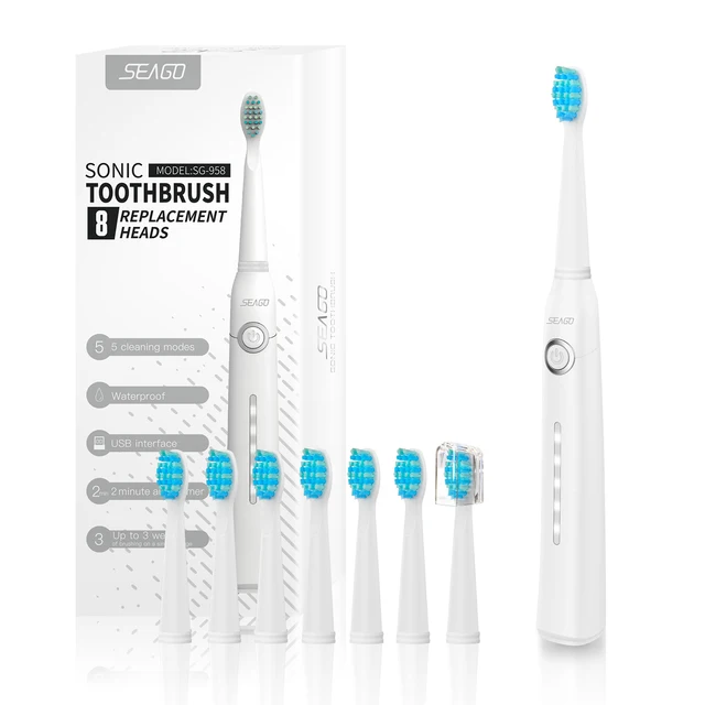Seago Sonic Electric Toothbrush Tooth brush USB Rechargeable adult Waterproof Ultrasonic automatic 5 Mode with Travel case white 8 heads