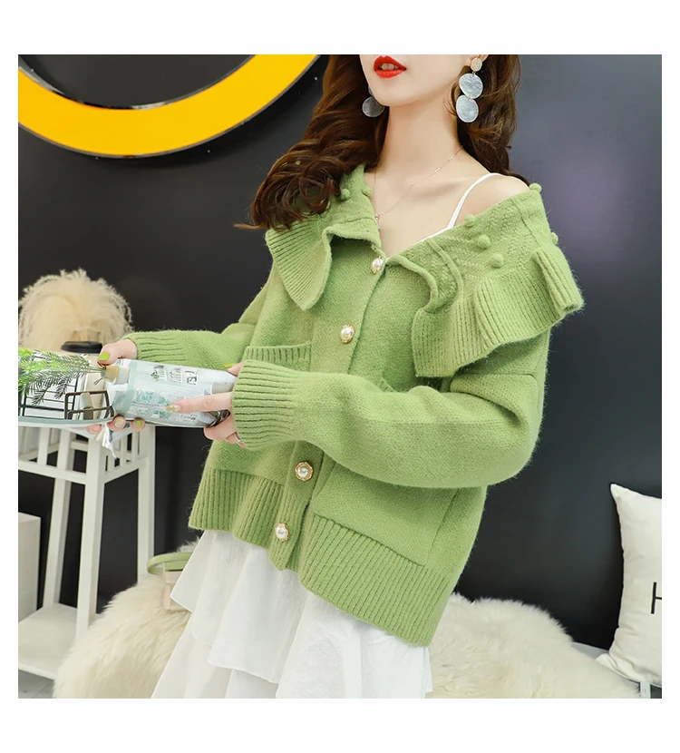 H.SA Women Winter Oversized Sweater Cardigans Big Collar Ruffles Loose Jumpers Green Beige Cardigans Feminino Button Up