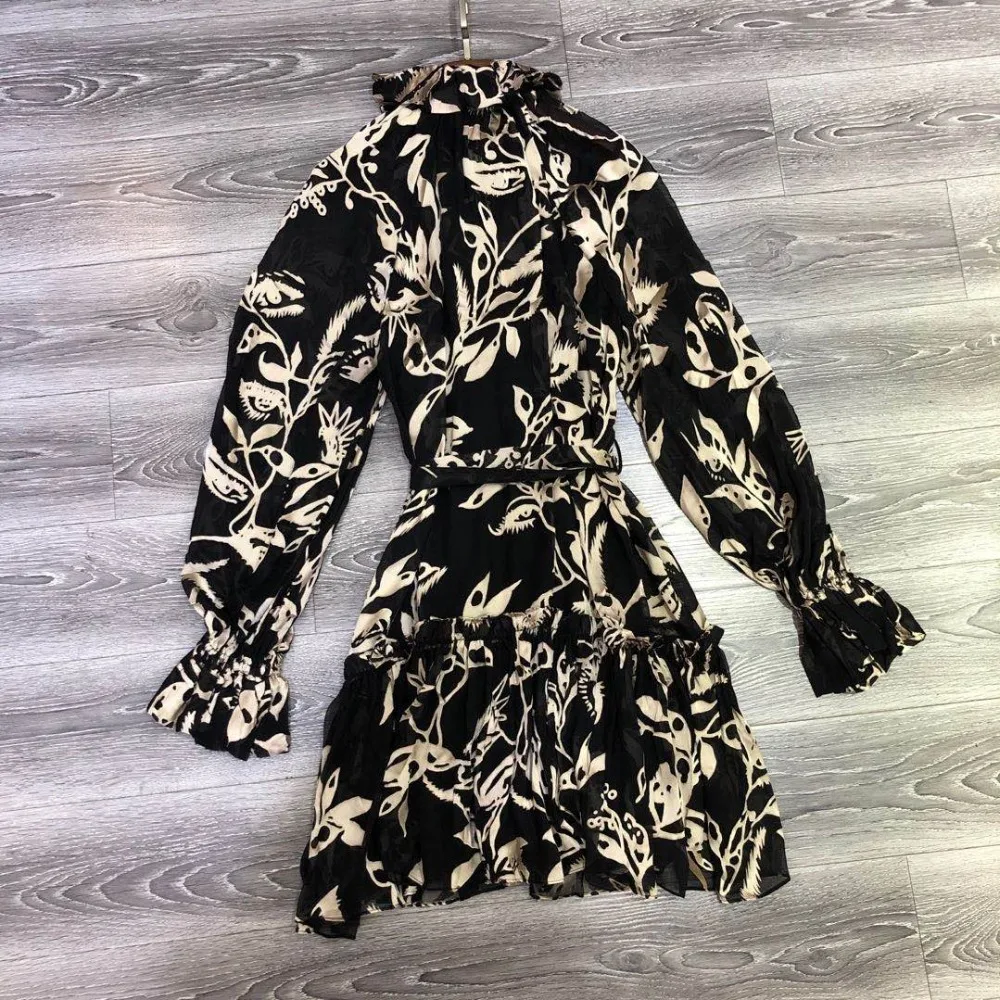 2020 Autumn New Black Printed Half High Neck Velvet Lace Long Sleeve Women Dress
