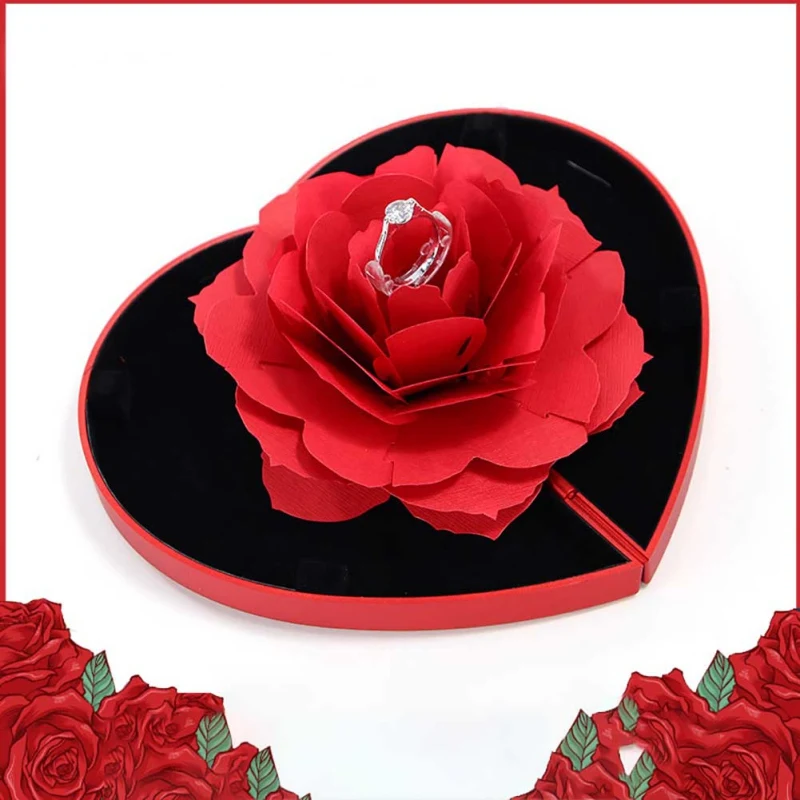 

New 3D Vintage Fashion Elegant Rings Box Wedding Engagement Ring Rose Flower Gift Boxes Jewelry Display Storage Holder Box