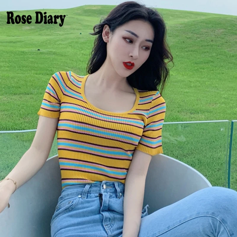 RoseDiary летние полосатые трикотажные обтягивающие укороченные топы футболки