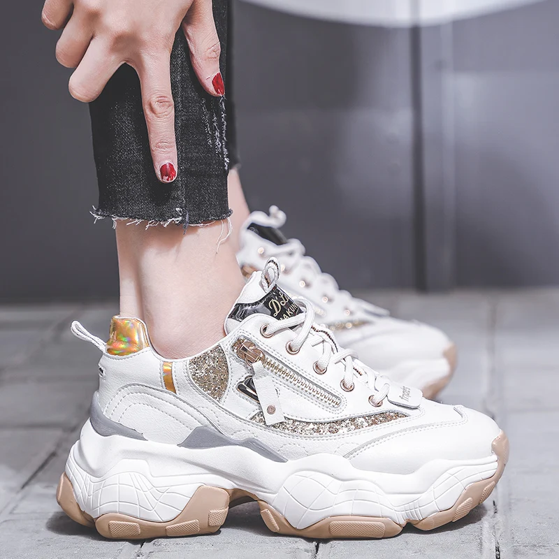 LMCAVASUN/блестящие женские кроссовки; модные zapatillas mujer; Повседневная дышащая обувь из натуральной кожи; женские кроссовки на массивном каблуке; chaussure