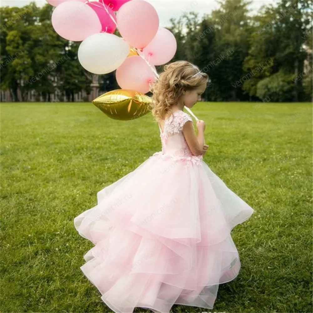 Милые Розовые Платья с цветочным узором для девочек, каскадные фатиновые Бальные платья на свадьбу, Детские вечерние праздничные платья на день рождения