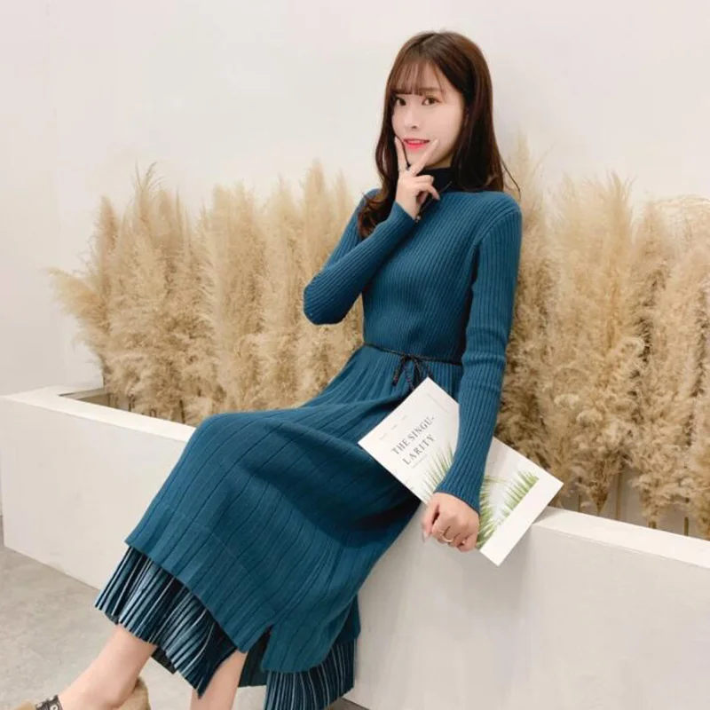 

Women Knitted Dress New Autumn Winter Warm Long Sleeve half Turtleneck Sweater Dresses Loose plus size Long Dress Vestidos 183