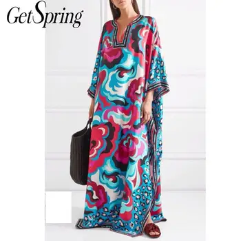 

Getspring Women Dress Batwing Sleeve V-neck Vintage Print Dresses Long Sleeve Plus Size Loose Print Long Dresses 2020 New Sexy