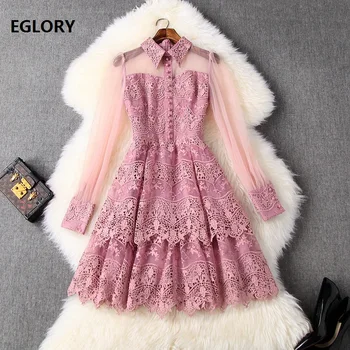 

Top Quality New 2020 Spring Summer Party Wedding Ladies Turn-down Collar Sexy Sheer Mesh Patchwork Long Sleeve Pink Lace Dress