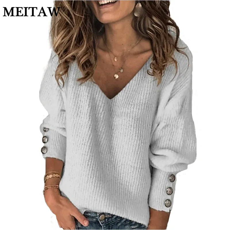 Sexy Deep V Neck Long Sleeve Loose Pullover 2020 Autumn Winter Knitted Sweater Women Korean Rivet Button Tops | Женская одежда