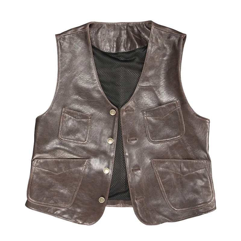 

2020 Dark Brown Men Casual Leather Vest Four Pockets Single Breasted Genuine Sheepskin Spring Slim Fit Fashion Leather Vest