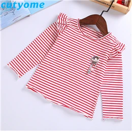 Red CYSINCOS; ; коллекция года; сезон осень; футболки с оборками для маленьких девочек; блузы с длинными рукавами; рубашка для детей; Корейская одежда; футболки в полоску - Цвет: Red