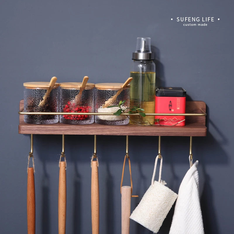  Kitchen Multi-function Racks Brass and Black Walnut Wood Seasoning Storage Rack Wall Hanging Corner - 4000299126858