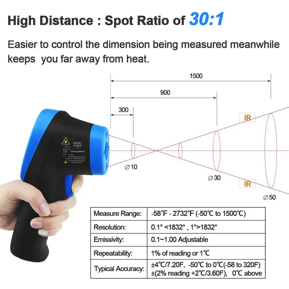 BT-1500 Digital Laser Thermometer Pyrometer 30:1 Laser Thermometer Gun,-58℉  to 2732℉ (-50℃ to 1500℃) High Temp Infrared Thermometer for Industrial HVAC  Kiln Forge Foundry Casting Furnace